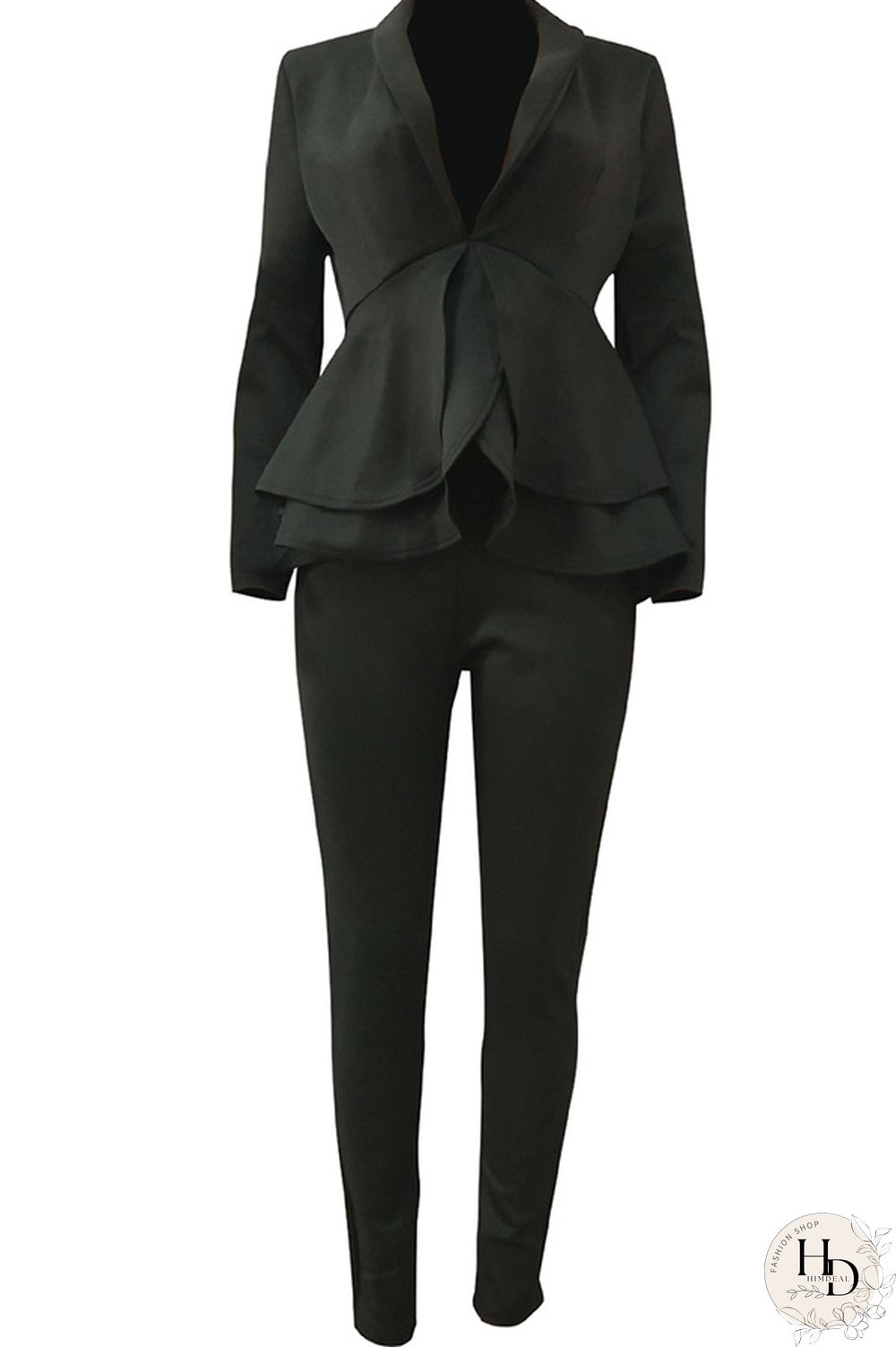Black Casual Two Piece Suits Patchwork ruffle Solid pencil Long Sleeve