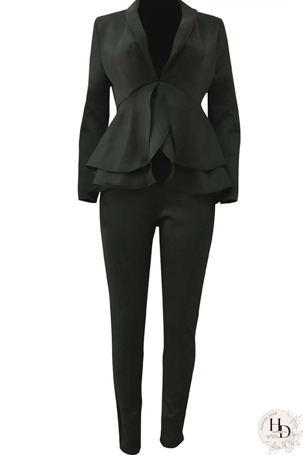 Black Casual Two Piece Suits Patchwork ruffle Solid pencil Long Sleeve