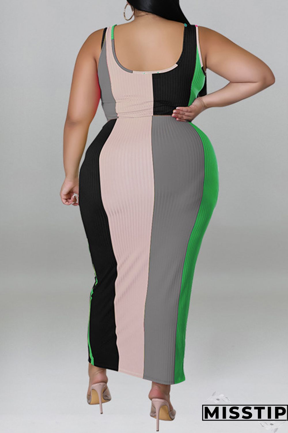 Blue Fashion Casual Striped Print Patchwork Contrast U Neck Plus Size Two Piece Set