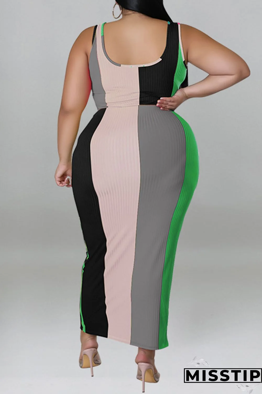 Blue Fashion Casual Striped Print Patchwork Contrast U Neck Plus Size Two Piece Set