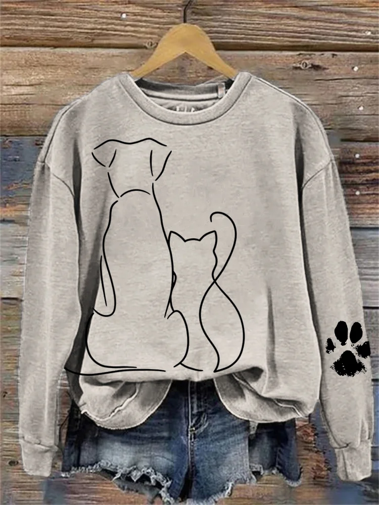 Cat & Dog Line Art Paw Print Comfy Sweatshirt