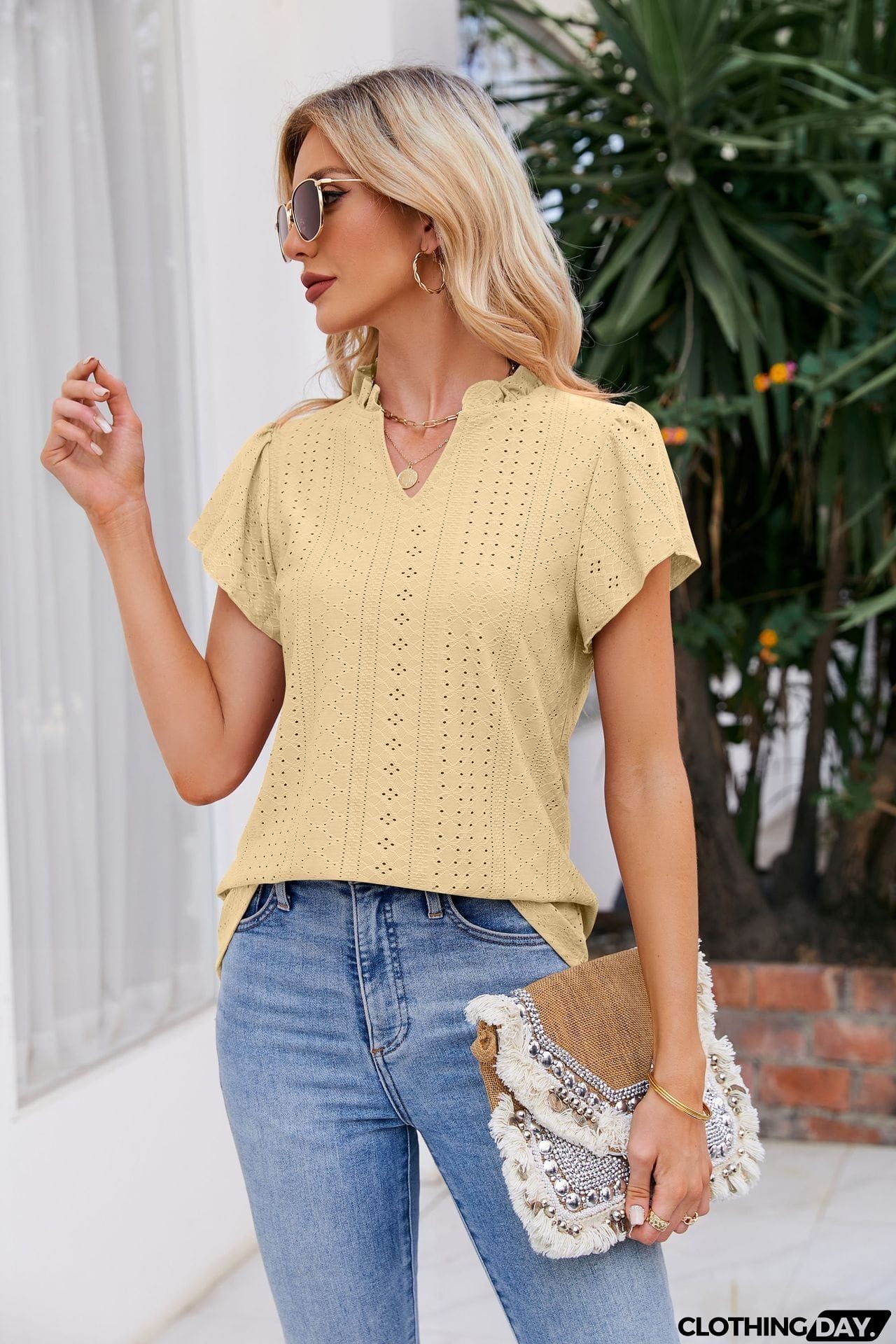 Notched Neck Puff Sleeve Blouse