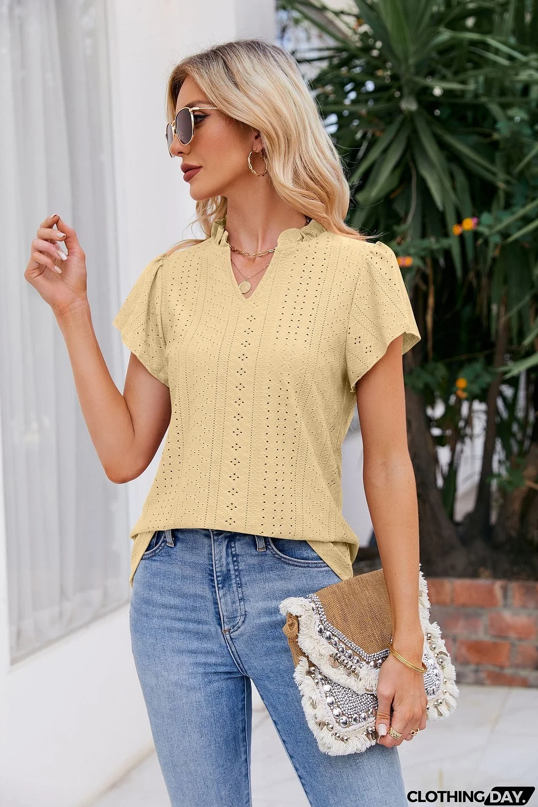 Notched Neck Puff Sleeve Blouse