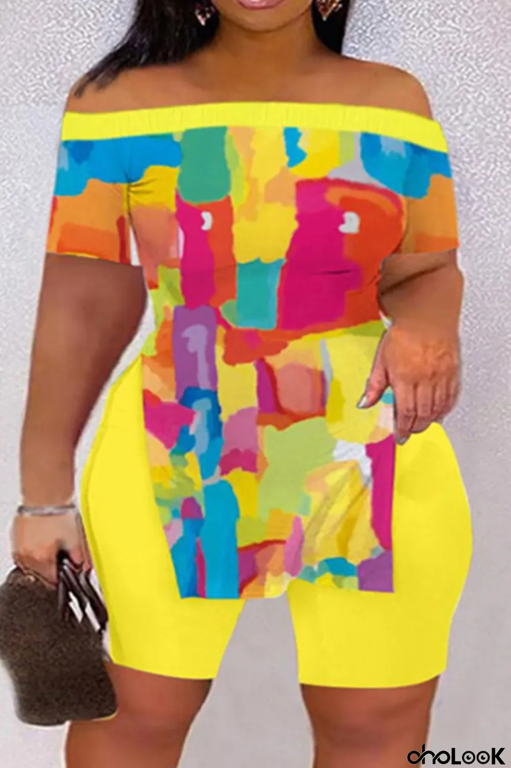 Yellow Casual Print Slit Off the Shoulder Short Sleeve Two Pieces
