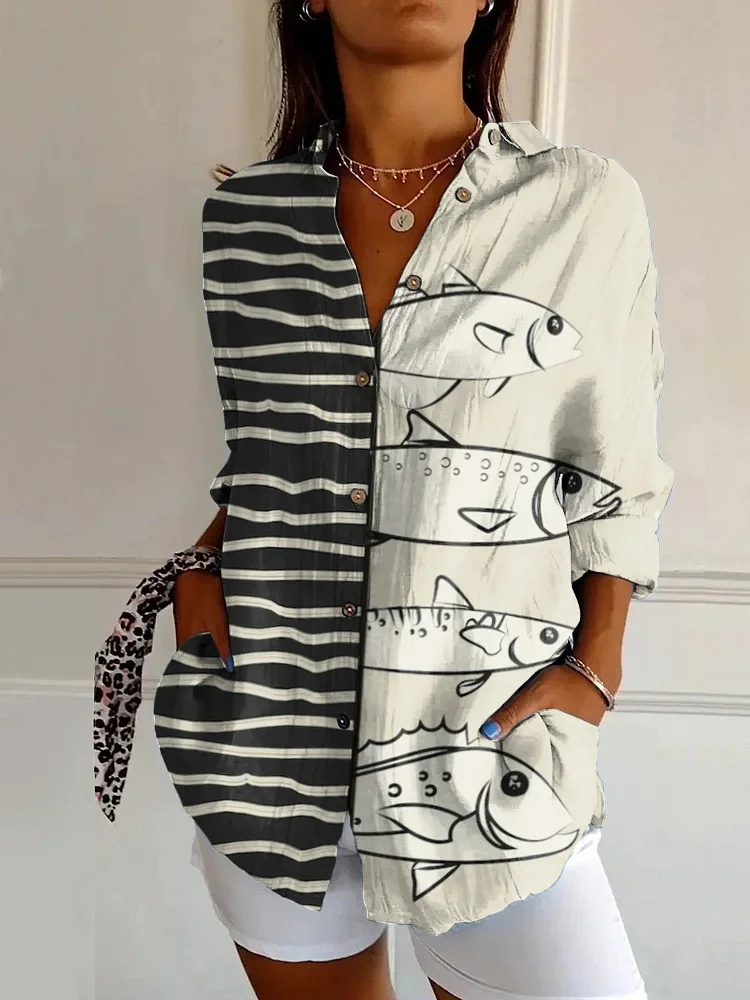 Japanese Sardine Stripe Patchwork Print Casual Long-sleeved Shirt