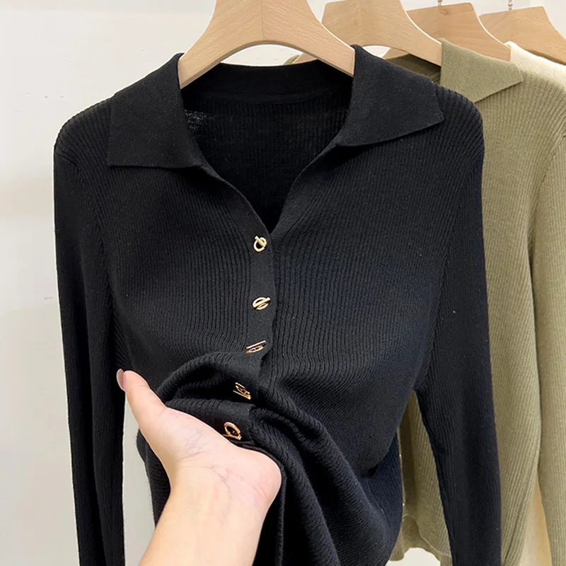 Uveng Uveng Sense Of The Small V-Neck Long-Sleeved Knitted Shirt Women's Autumn And Winter New Half-Opened Collared Blouse Bottom Sweater