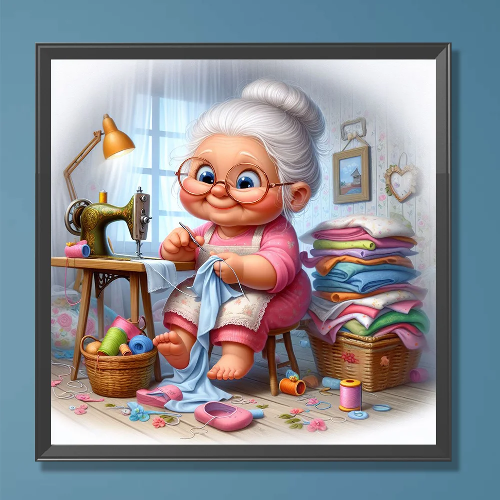 Diamond Painting - Full Round Drill - Old Lady Sewing(Canvas|30*30cm)