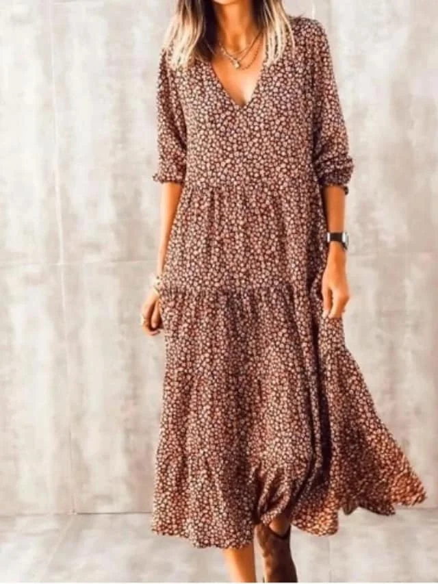 Women's Swing Dress Midi Dress Brown Long Sleeve Print Print Summer V Neck Hot Casual Boho vacation dresses 2021 S M L XL XXL 3XL