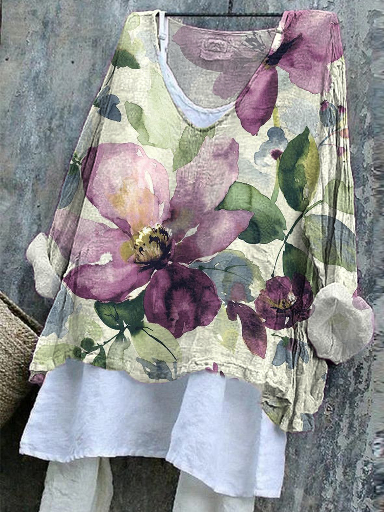 Comstylish Watercolor Floral Print Cozy Vintage Cotton Linen Shirt
