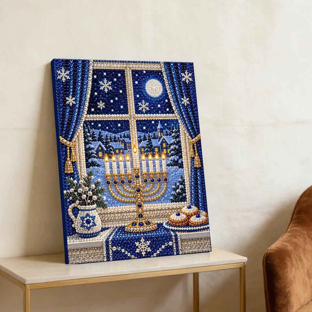 Framed Pearl Painting Kit Hanukkah Menorah 11.81x15.75in