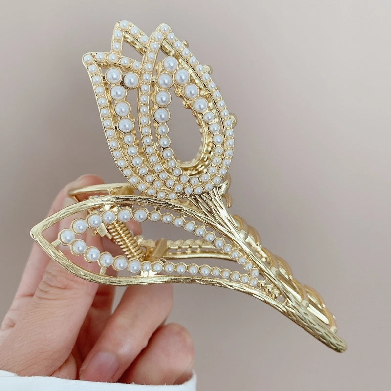 Women’s Luxurious Shiny Flower Tulip Metal Inlay Rhinestones Pearl Hair Claws