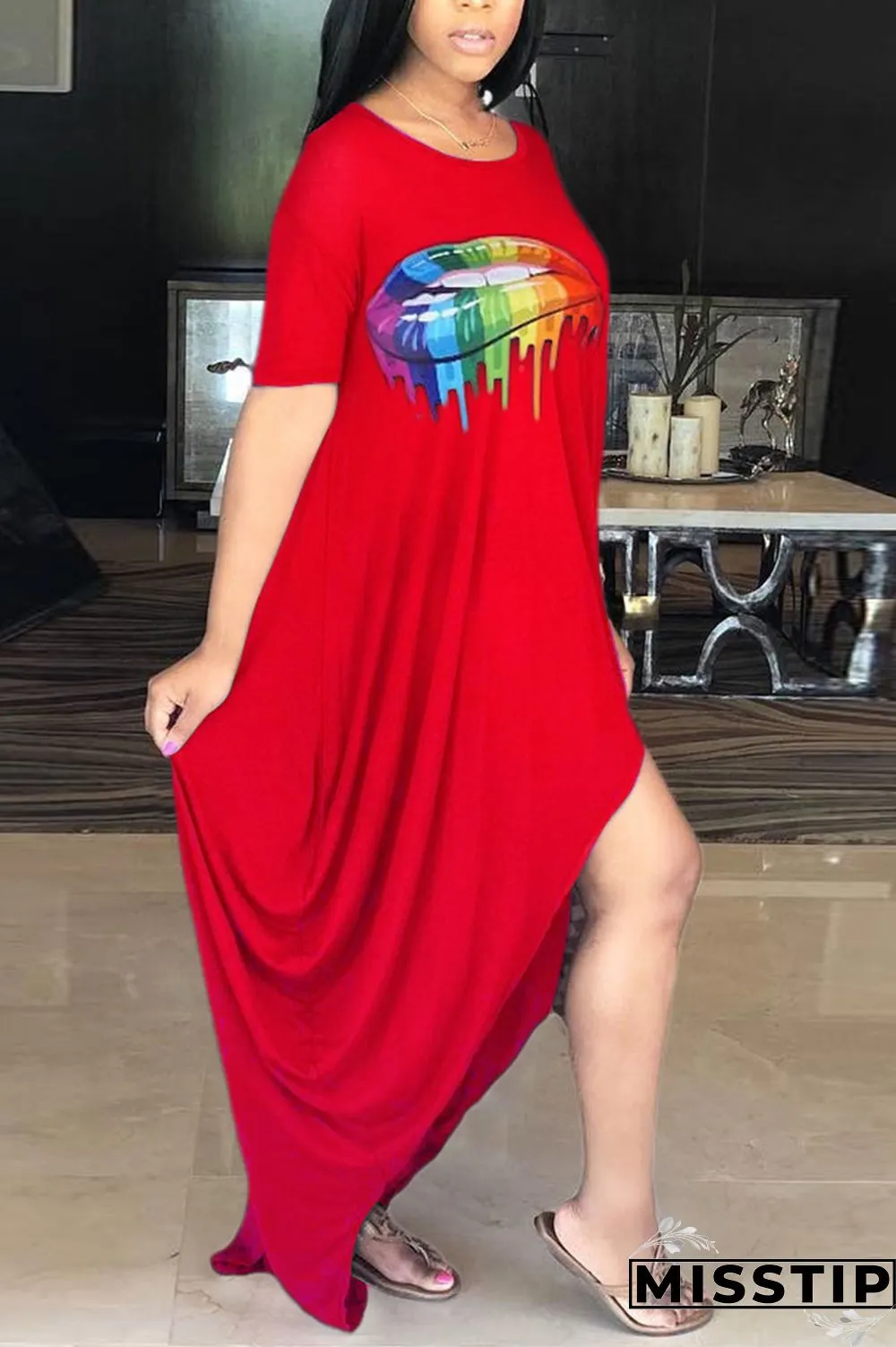 Blue Fashion Printing Loose Irregular Dress