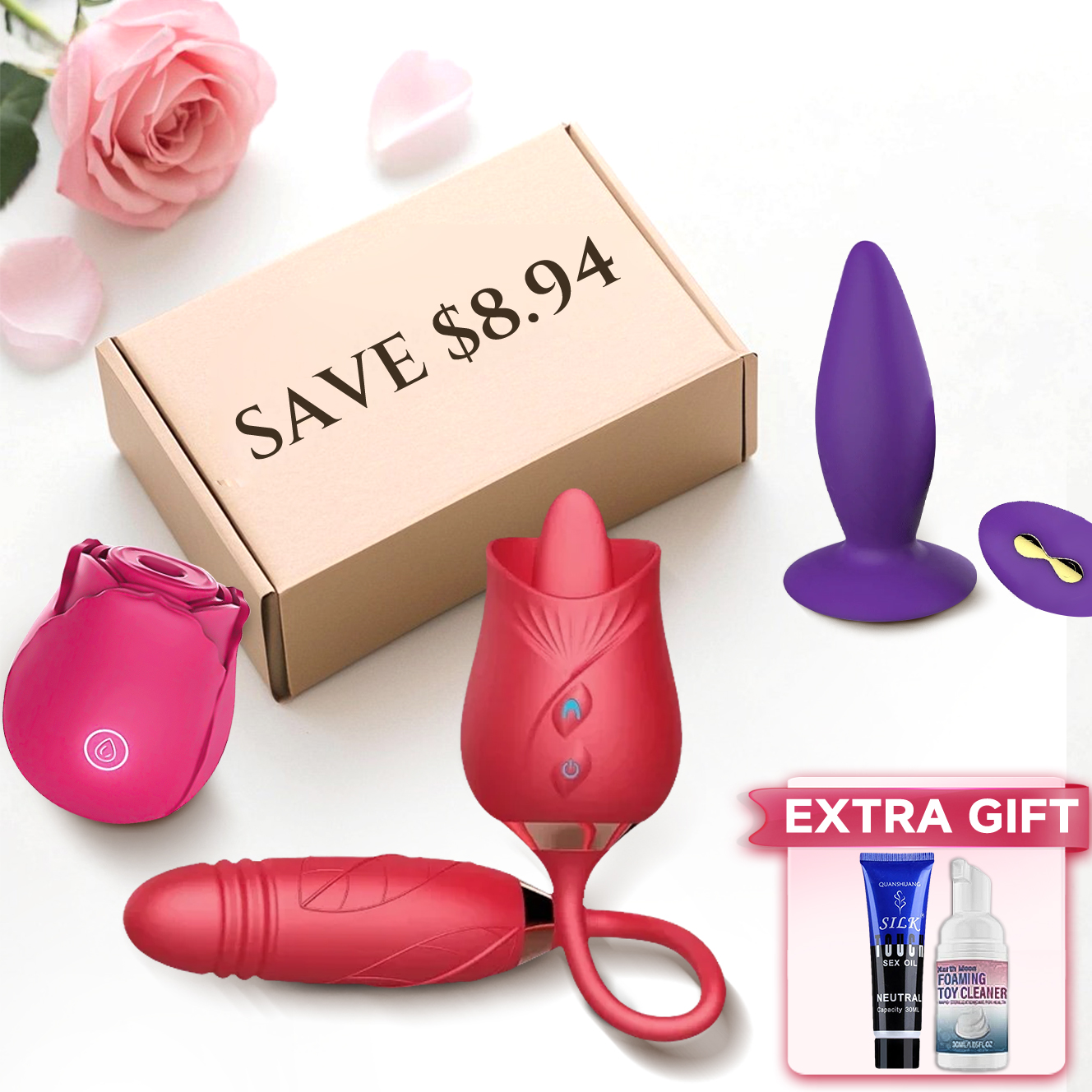 Couple Sex Toys Set - 2 In 1 Licking Rose Toy Clit Sucker Anal Vibe & Accessory - Rose Toy