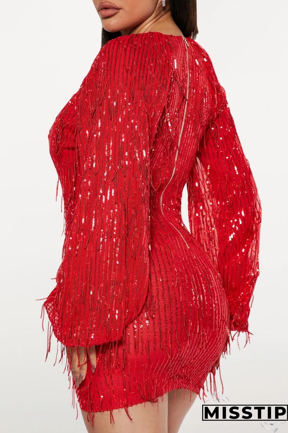 Black Casual Patchwork Tassel Sequins V Neck Long Sleeve Dresses