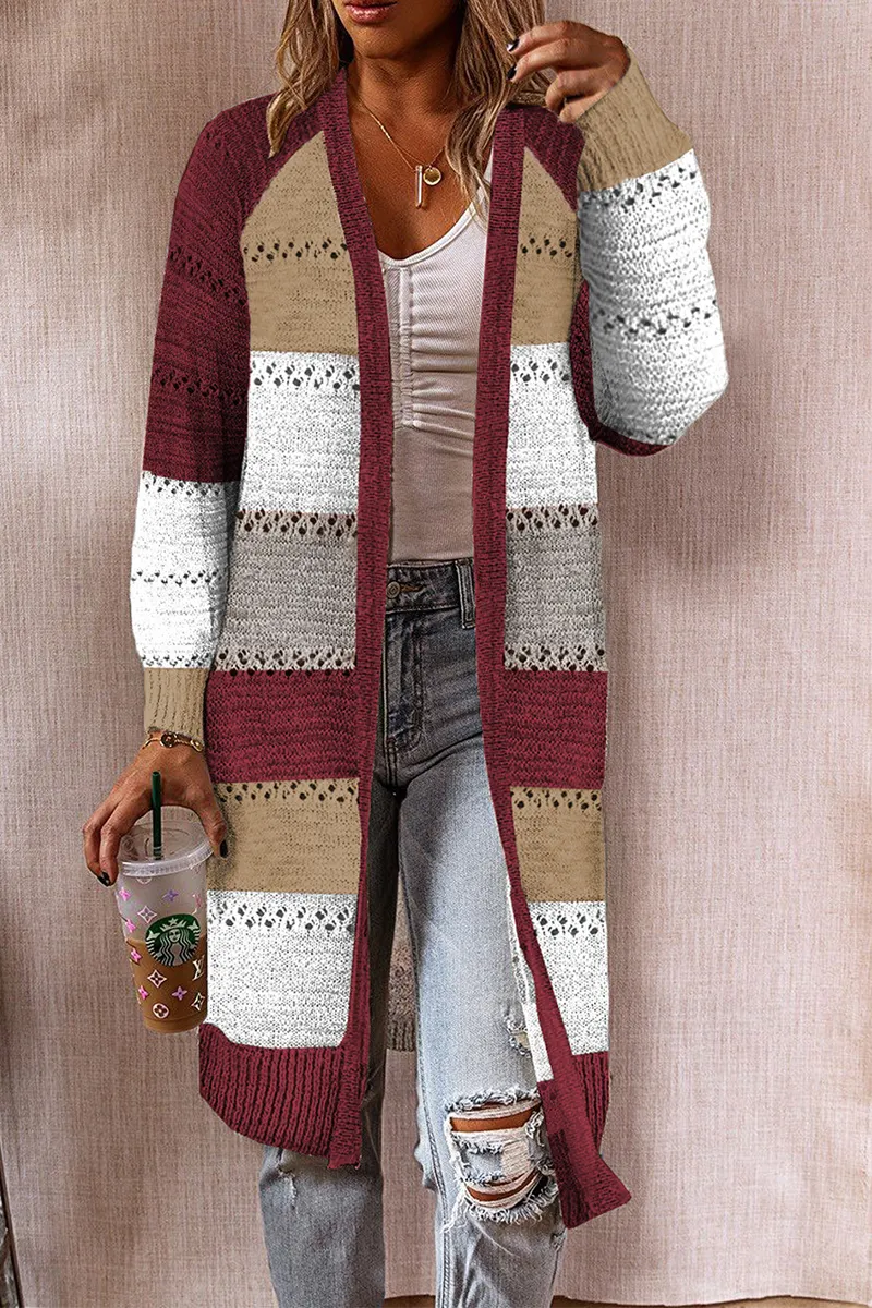 Casual patchwork outerwear with hollow out cardigan collar