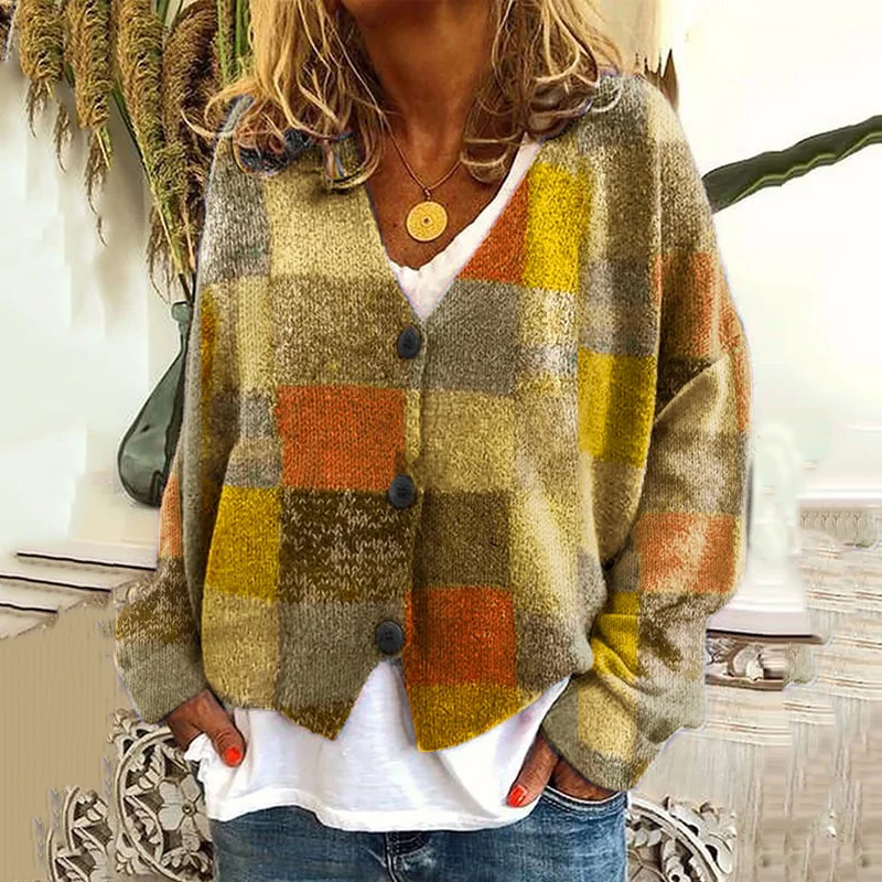 Vintage Geometric Print V-Neck Knitted Cardigan