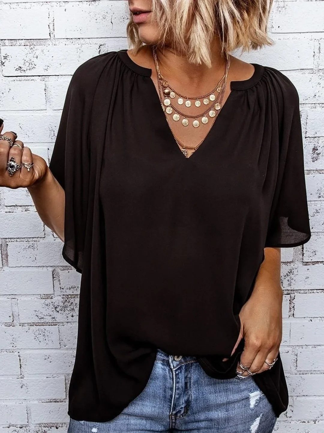 V Neck Short Sleeve Cotton Shirts & Tops