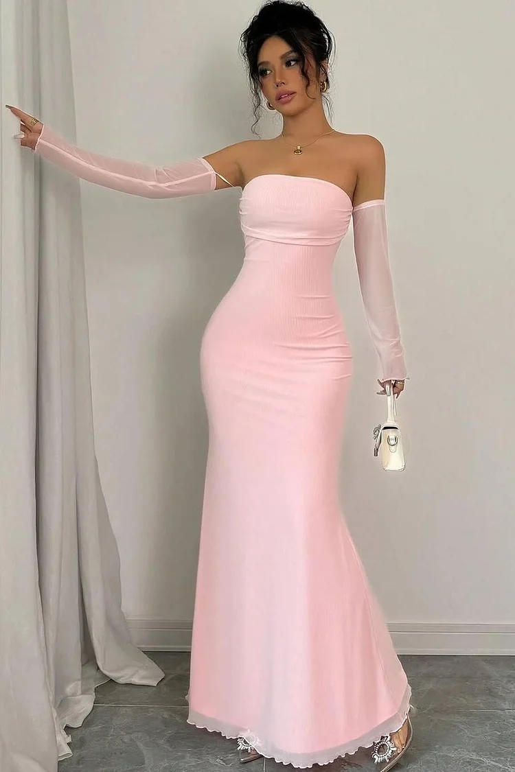 Strapless Long Mermaid Prom Dress With Detachable Sleeves Pleated XJ0538