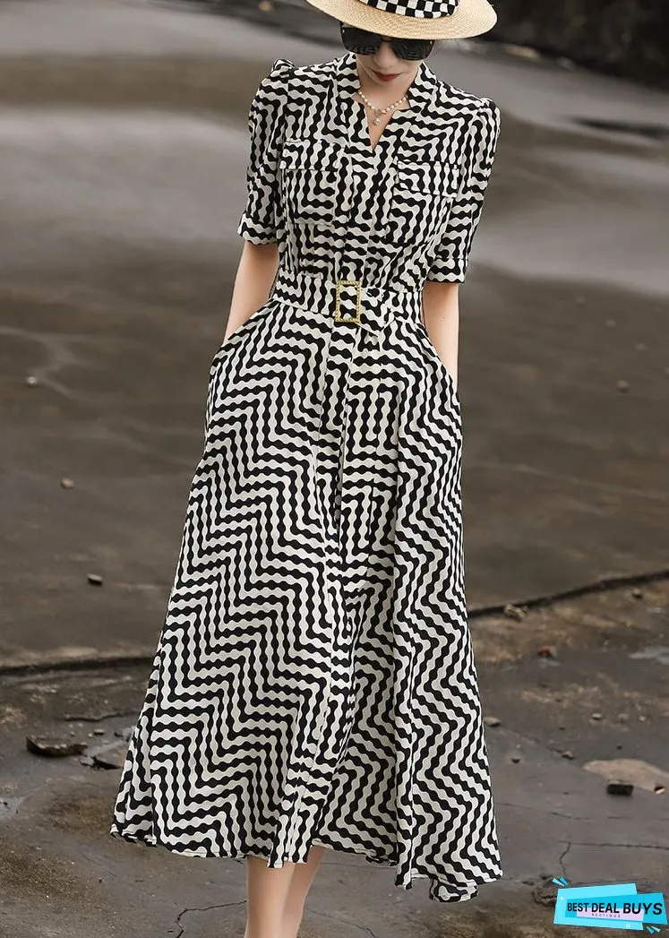 Women Black Striped Tie Waist Chiffon Dresses Summer