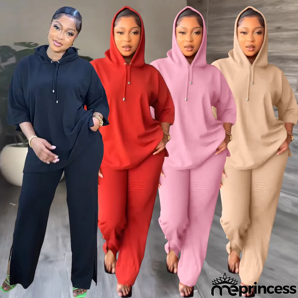 Solid 3/4 Sleeve Hooded Sweatshirt Pant Two Piece Set