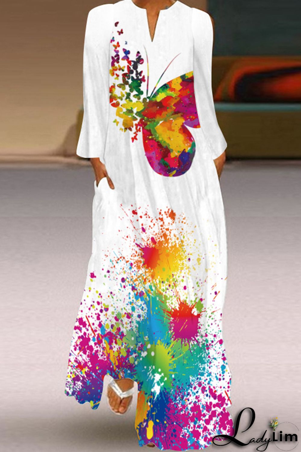 Black Fashion Casual Print Patchwork V Neck Long Sleeve Dresses