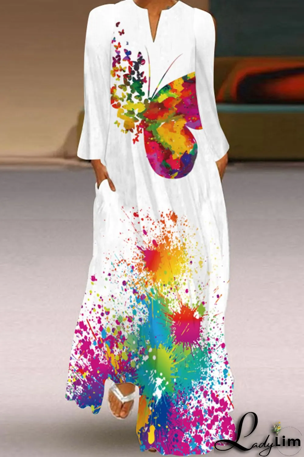 Black Fashion Casual Print Patchwork V Neck Long Sleeve Dresses