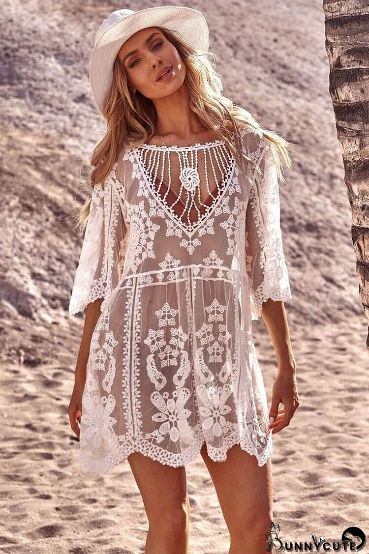 Sleeved Floral Lace Crochet Sheer Cover Up