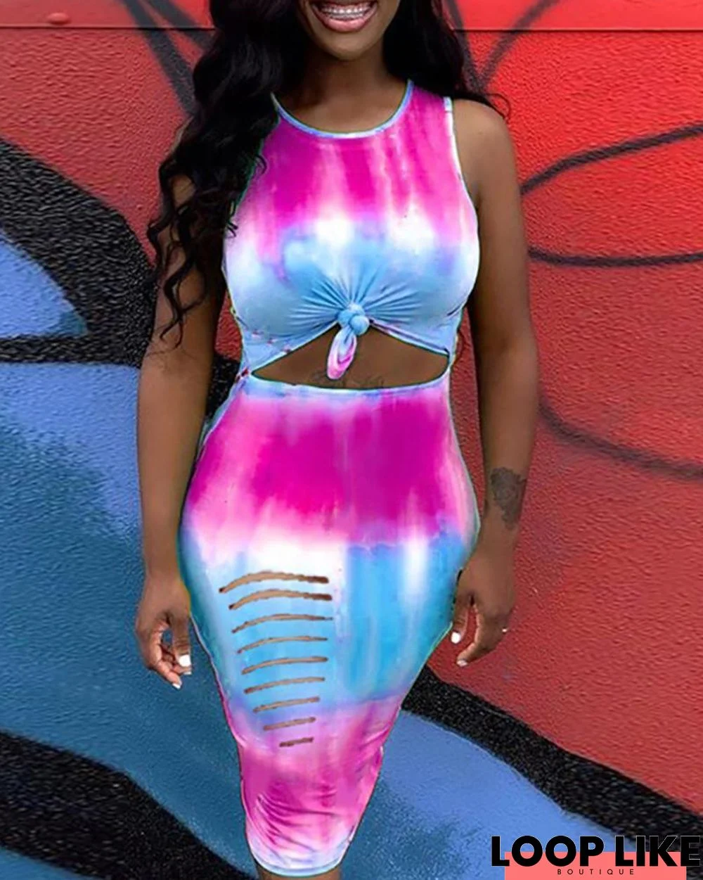 Tie Dye Print Burnout Bodycon Dress