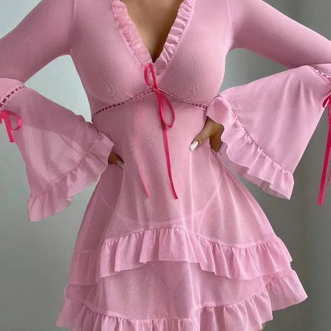 Churchf Sex Lingerie New Sexy Print Mesh Perspective Long-Sleeved Strap Strips With Short Back Dress