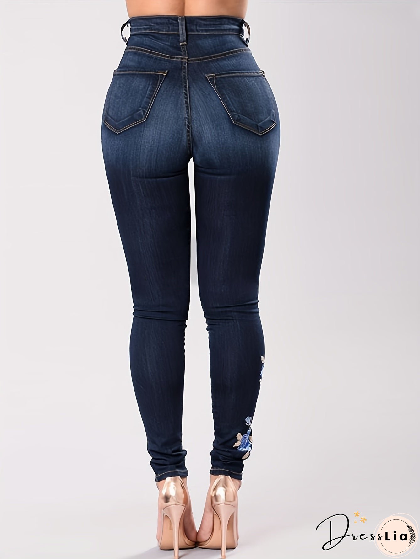 Blue Floral Embroidery Skinny Jeans Zipper Button Closure Medium Strech Elegant Denim