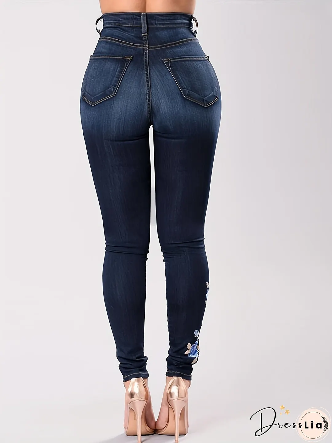 Blue Floral Embroidery Skinny Jeans Zipper Button Closure Medium Strech Elegant Denim