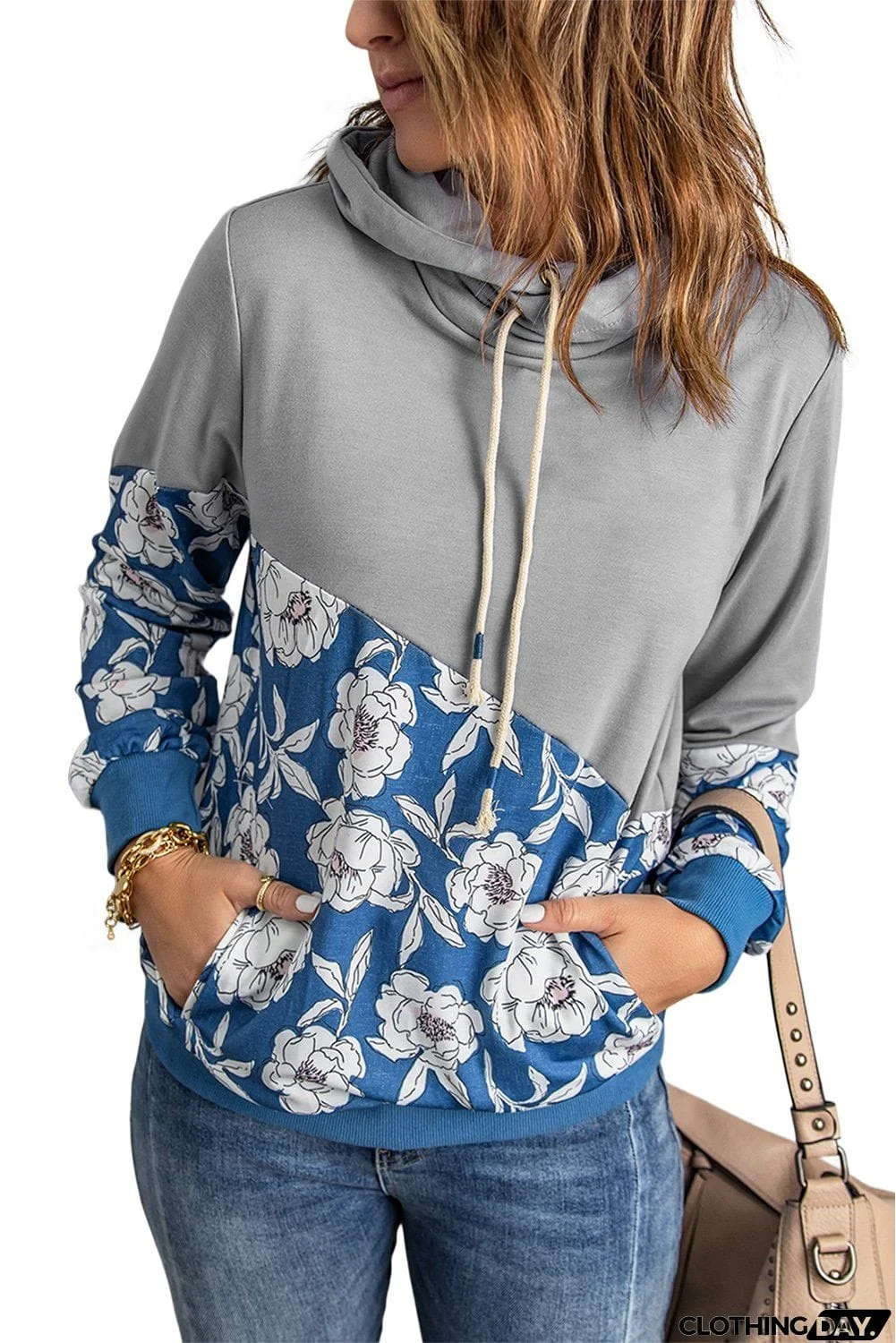 Women's Gray Floral Splicing Cowl Neck Hoodie