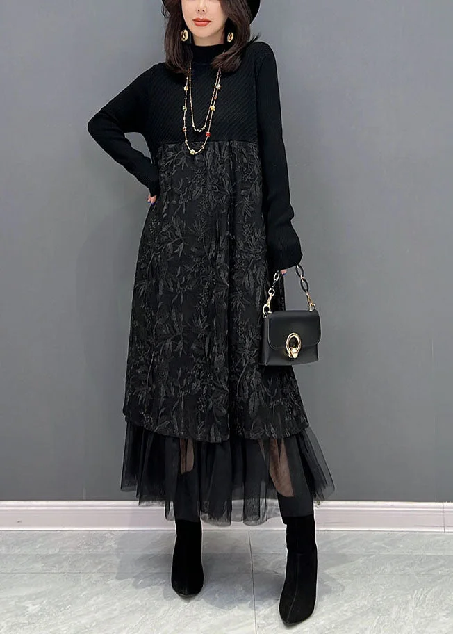 Urbann Vibe Striking Knit Tulle Pearl Patchwork Dress Bright Yellow for Fall Fashion Lovers