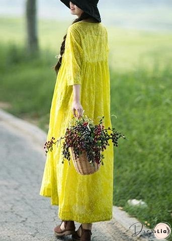 Organic O Neck Cinched Long Shirts Lnspiration Yellow Print Kaftan Dresses