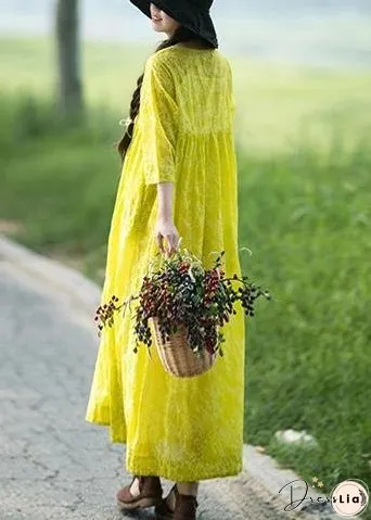 Organic O Neck Cinched Long Shirts Lnspiration Yellow Print Kaftan Dresses