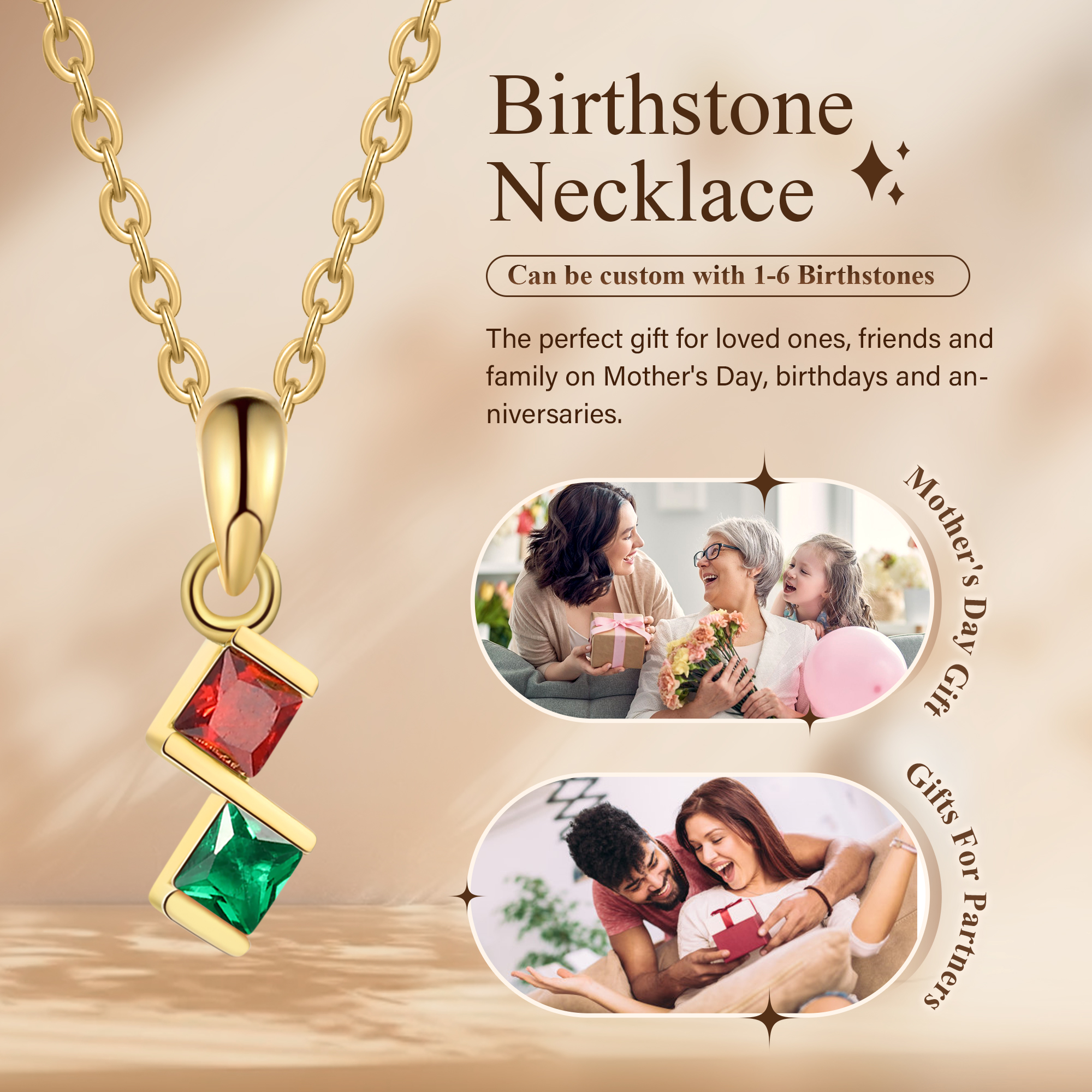 Personalised Women's Necklace Custom 2 Birthstones Pendant Necklace Birthday Gift for Her-Jessemade AU