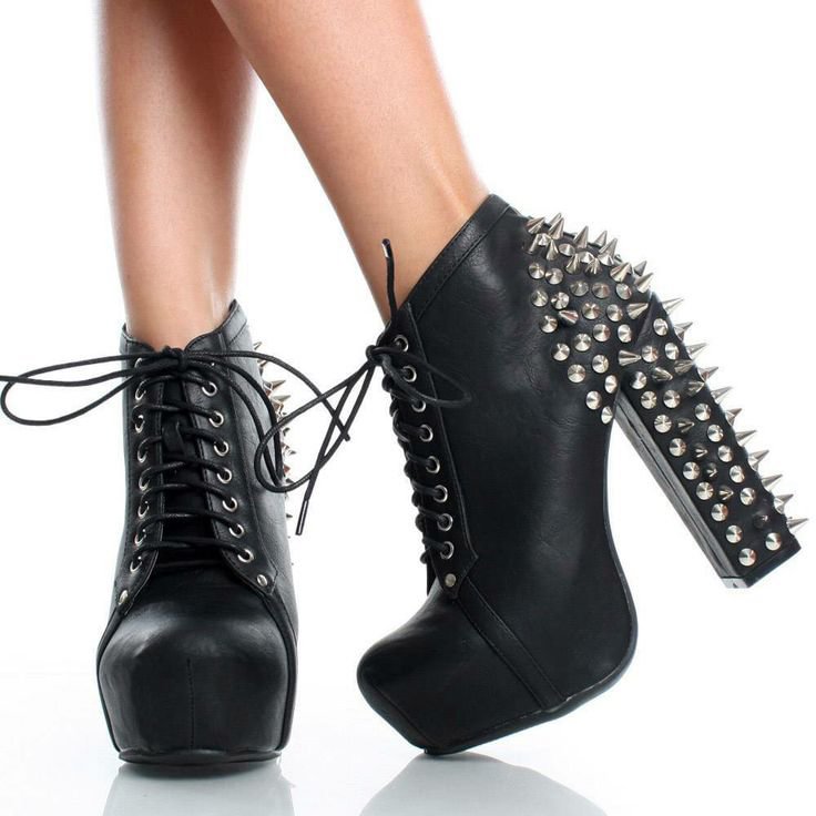 Black Lace up Boots Chunky Heels Platform Shoes with Rivets |FSJ Shoes