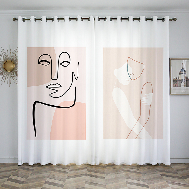 Indoor Semi-shading Curtains For Living Room With Modern Abstract Line Pattern 2 panels-ChouChouHome