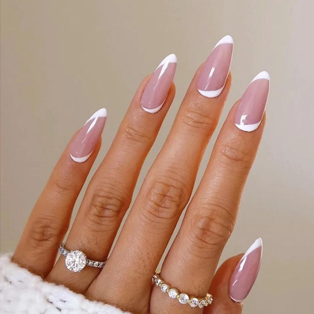 Press on nails  24pcs/box fake nails french manicure oval head white and silver rim design artificial nails with glue for girls-Nail Inspo