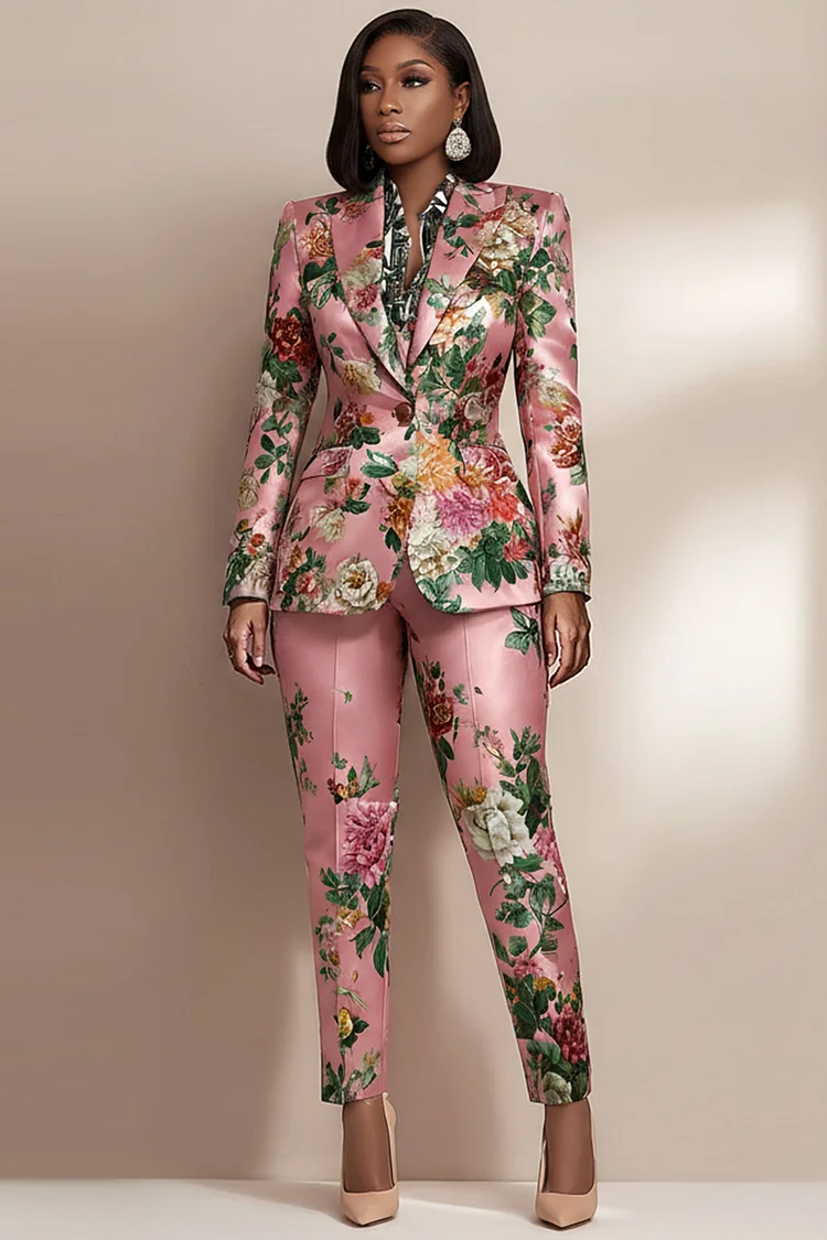Xpluswear Design Plus Size Business Casual Pink Floral Lapel Collar Long Sleeve Pocket Satin Two Piece Pant Suits [Pre-Order] 2024 - Xpluswear