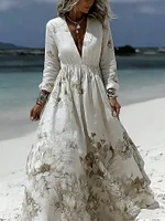 Women's Vintage Floral Printed Art V-neck Long Sleeve Maxi Dress