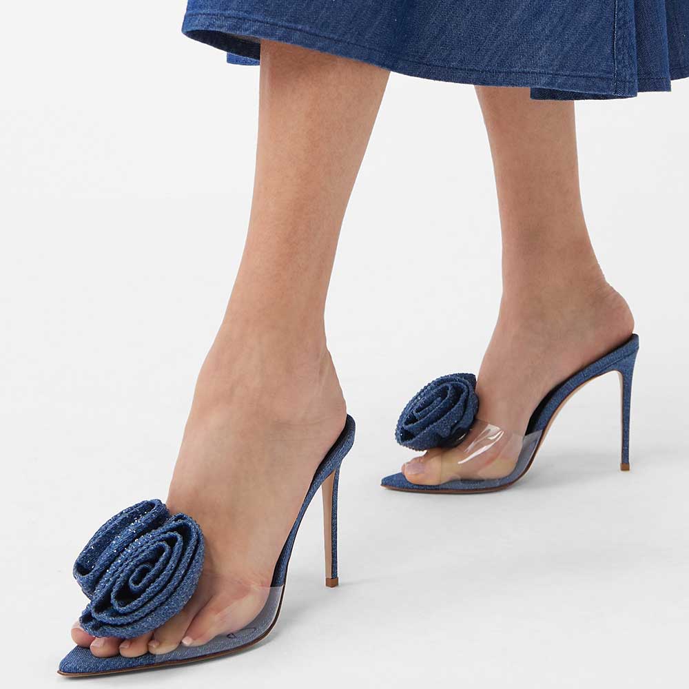Blue & Clear PVC Pointed Toe 4'' Stiletto Heel Rose Inlay Mules Nicepairs