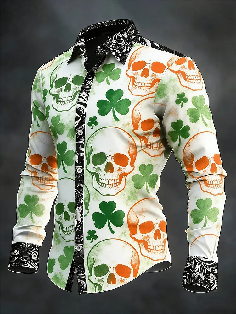 Men's vintage St. Patrick's Day skull pattern long-sleeved shirt 