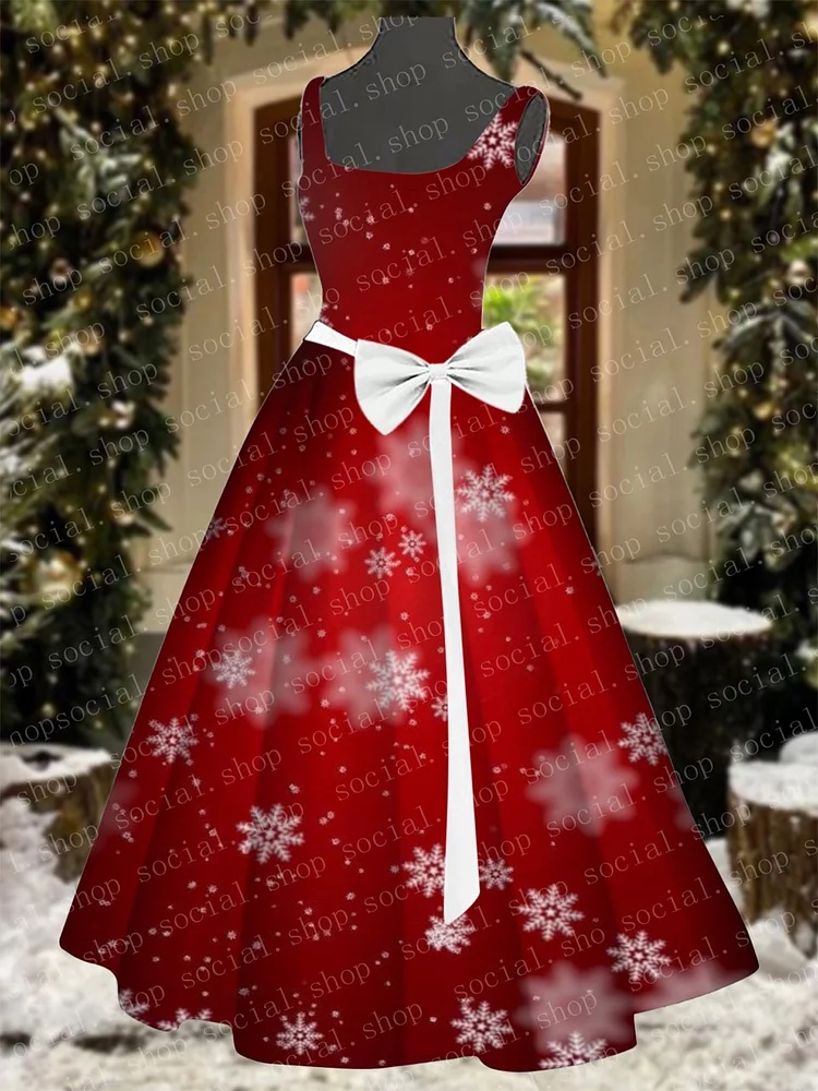 Women's Red Snowflake Print Party Dress socialshop