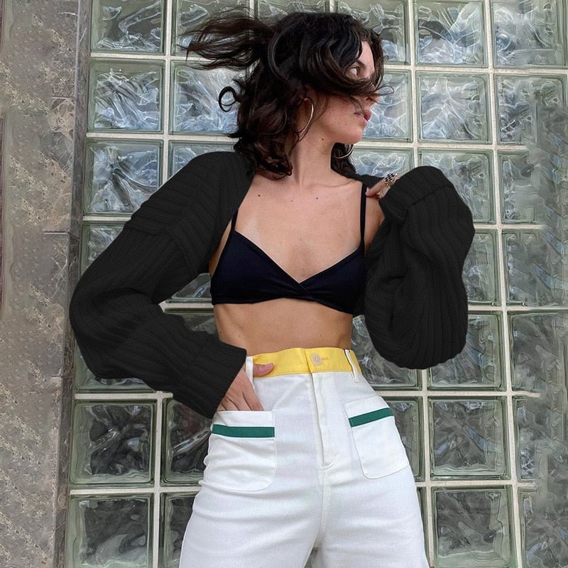 Women Ultra-short Sweater Coat 2021 Autumn Winter Long Sleeve Loose Knitted Crop Tops Solid Color Sexy Cardigan Sweaters Tops