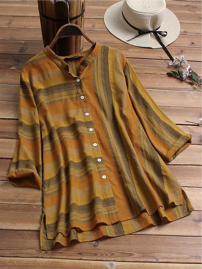 Stand Collar Half Sleeve Striped Shirts & Tops Zaesvini