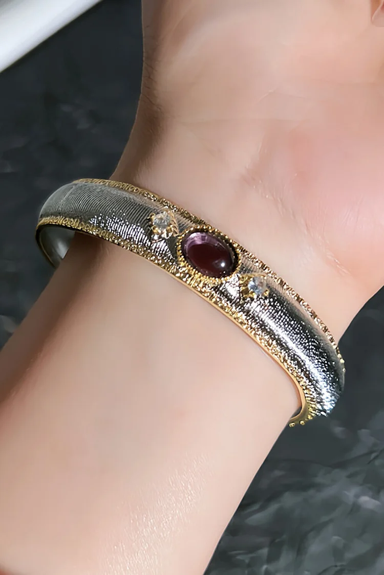 Faux Gem Decor Brushed Shimmering Wide Open Bracelet Open Rings Jewelry Set