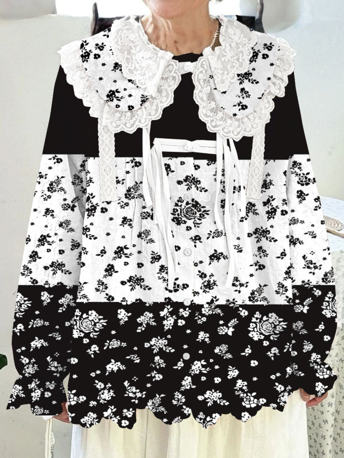 Women Long Sleeve V-neck Graphic Floral Printed Top