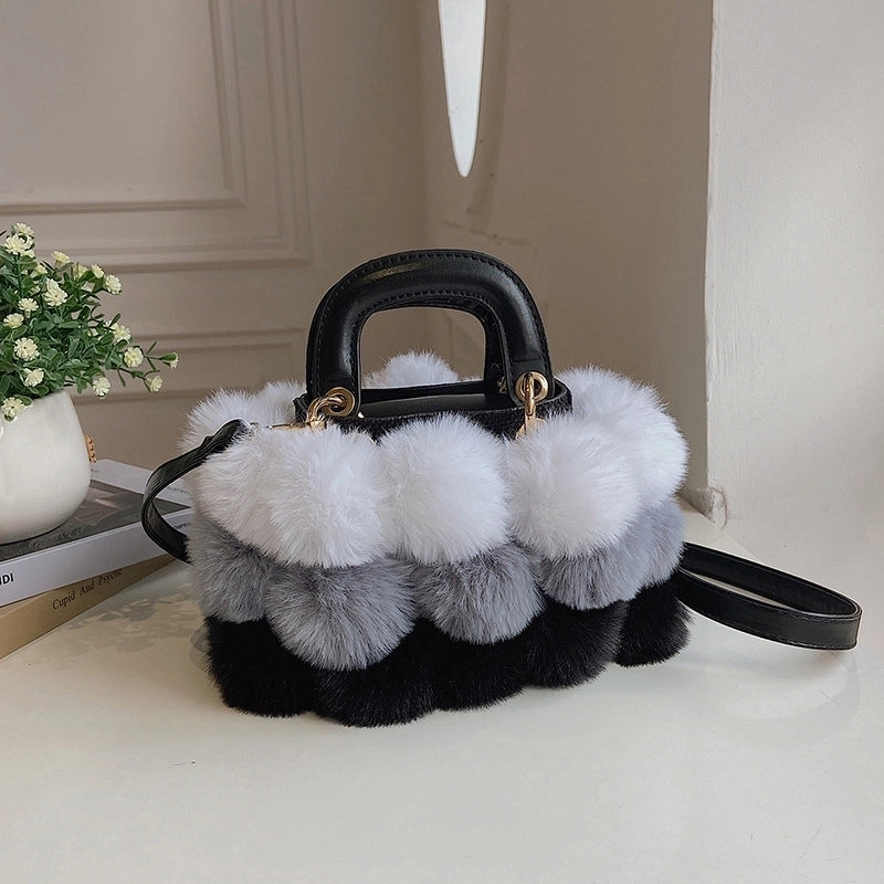 Fur Dinner Bag Fashion Stitching Contrast Color Fur Ball Handbag  Winter New Small Square Bag Shoulder Messenger Bag