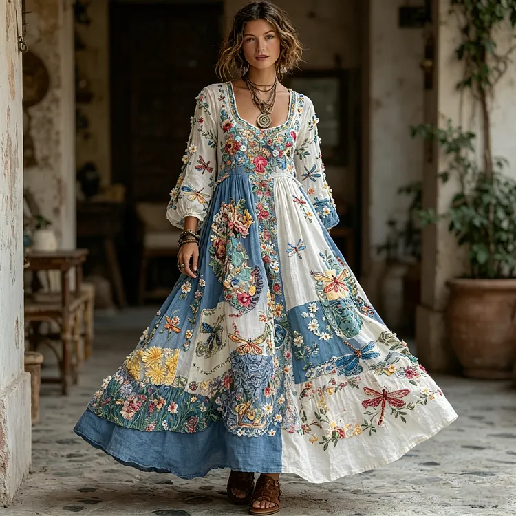 Women's Patchwork Dragonfly & Floral Embroidered Boho Maxi Dress